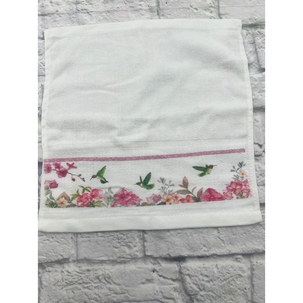 Hummingbird Floral Bath Towel Set 3 Piece White Pink Cotton Blend Decorative
